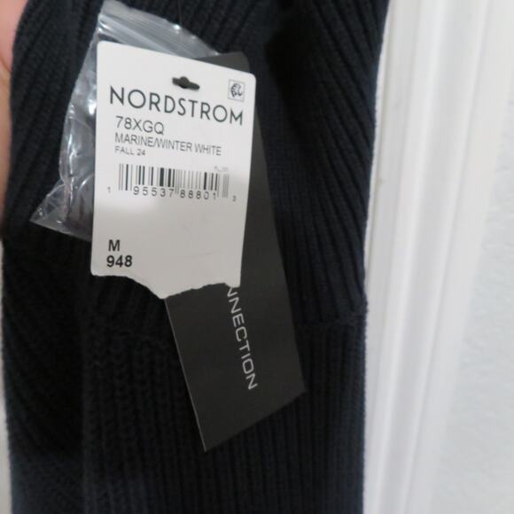 French Connection Womens Sz M Navy White Striped Mock Neck Knit Sweater Button - Picture 7 of 7